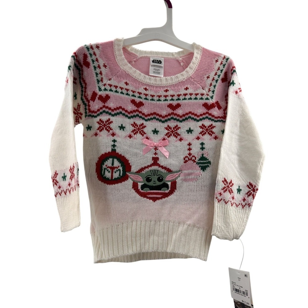 Star Wars Baby Yoda Girls Holiday Sweater Pink & White Size 3T Acrylic Blend NWT